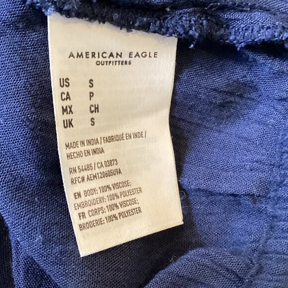 AE/American Eagle BOHO Embroidered Tie Neck Top Long Sleeve S Navy Blue #311J - Picture 11 of 12